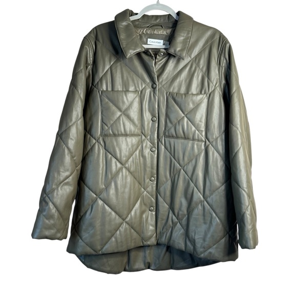 Calvin Klein Women's Faux Leather Button Front Quilted Jacket Shacket Olive XL - Picture 1 of 7
